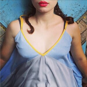 Hibiscus Heroes Stylish Blue and Yellow V-Neck Dress. Plant based natural dyes.